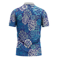 Blue Aloha Hawaiian Zipper Polo Shirt Monstera Hibiscus Tropical Pattern