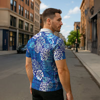 Blue Aloha Hawaiian Zipper Polo Shirt Monstera Hibiscus Tropical Pattern