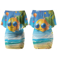 Funny Hawaii Mango Couples Matching Off Shoulder Short Dress and Long Sleeve Button Shirt Tropical Summer Beach Mascot Vacation
