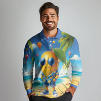 Funny Hawaii Mango Long Sleeve Polo Shirt Tropical Summer Beach Mascot Vacation