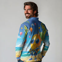 Funny Hawaii Mango Long Sleeve Polo Shirt Tropical Summer Beach Mascot Vacation