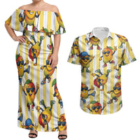 Funny Hawaii Mango Hip Hop Cartoon Couples Matching Off Shoulder Maxi Dress and Hawaiian Shirt Summer Beach Party
