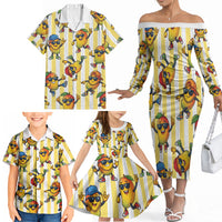 Funny Hawaii Mango Hip Hop Cartoon Family Matching Off The Shoulder Long Sleeve Dress and Hawaiian Shirt Summer Beach Party