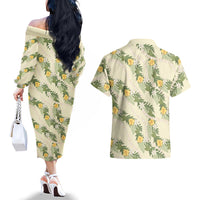 Hawaiian Pikake Maile Lei Couples Matching Off The Shoulder Long Sleeve Dress and Hawaiian Shirt Tiare Hibiscus Kalo Palapalai Leaf Beige