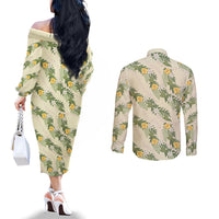 Hawaiian Pikake Maile Lei Couples Matching Off The Shoulder Long Sleeve Dress and Long Sleeve Button Shirt Tiare Hibiscus Kalo Palapalai Leaf Beige