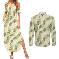 Hawaiian Pikake Maile Lei Couples Matching Summer Maxi Dress and Long Sleeve Button Shirt Tiare Hibiscus Kalo Palapalai Leaf Beige