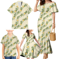 Hawaiian Pikake Maile Lei Family Matching Mermaid Dress and Hawaiian Shirt Tiare Hibiscus Kalo Palapalai Leaf Beige