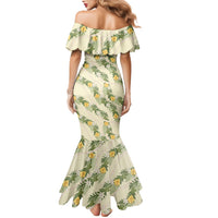 Hawaiian Pikake Maile Lei Family Matching Mermaid Dress and Hawaiian Shirt Tiare Hibiscus Kalo Palapalai Leaf Beige