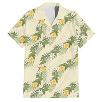 Hawaiian Pikake Maile Lei Family Matching Off The Shoulder Long Sleeve Dress and Hawaiian Shirt Tiare Hibiscus Kalo Palapalai Leaf Beige