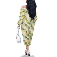 Hawaiian Pikake Maile Lei Family Matching Off The Shoulder Long Sleeve Dress and Hawaiian Shirt Tiare Hibiscus Kalo Palapalai Leaf Beige