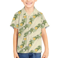 Hawaiian Pikake Maile Lei Family Matching Off The Shoulder Long Sleeve Dress and Hawaiian Shirt Tiare Hibiscus Kalo Palapalai Leaf Beige