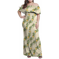 Hawaiian Pikake Maile Lei Family Matching Off Shoulder Maxi Dress and Hawaiian Shirt Tiare Hibiscus Kalo Palapalai Leaf Beige