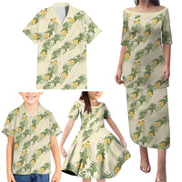 Hawaiian Pikake Maile Lei Family Matching Puletasi and Hawaiian Shirt Tiare Hibiscus Kalo Palapalai Leaf Beige