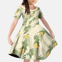 Hawaiian Pikake Maile Lei Family Matching Short Sleeve Bodycon Dress and Hawaiian Shirt Tiare Hibiscus Kalo Palapalai Leaf Beige