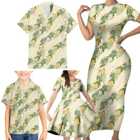 Hawaiian Pikake Maile Lei Family Matching Short Sleeve Bodycon Dress and Hawaiian Shirt Tiare Hibiscus Kalo Palapalai Leaf Beige