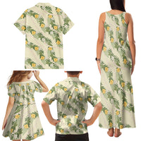 Hawaiian Pikake Maile Lei Family Matching Tank Maxi Dress and Hawaiian Shirt Tiare Hibiscus Kalo Palapalai Leaf Beige