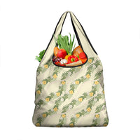 Hawaiian Pikake Maile Lei Grocery Bag Tiare Hibiscus Kalo Palapalai Leaf Beige