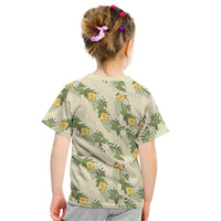 Hawaiian Pikake Maile Lei Kid T Shirt Tiare Hibiscus Kalo Palapalai Leaf Beige