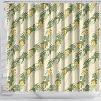 Hawaiian Pikake Maile Lei Shower Curtain Tiare Hibiscus Kalo Palapalai Leaf Beige