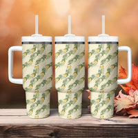 Hawaiian Pikake Maile Lei Tumbler With Handle Tiare Hibiscus Kalo Palapalai Leaf Beige