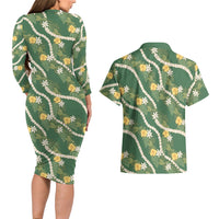 Hawaiian Pikake Maile Lei Couples Matching Long Sleeve Bodycon Dress and Hawaiian Shirt Tiare Hibiscus Kalo Palapalai Leaf Green