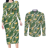 Hawaiian Pikake Maile Lei Couples Matching Long Sleeve Bodycon Dress and Long Sleeve Button Shirt Tiare Hibiscus Kalo Palapalai Leaf Green