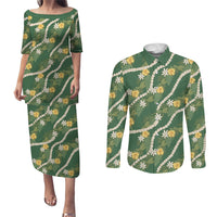 Hawaiian Pikake Maile Lei Couples Matching Puletasi and Long Sleeve Button Shirt Tiare Hibiscus Kalo Palapalai Leaf Green