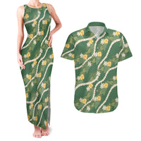 Hawaiian Pikake Maile Lei Couples Matching Tank Maxi Dress and Hawaiian Shirt Tiare Hibiscus Kalo Palapalai Leaf Green