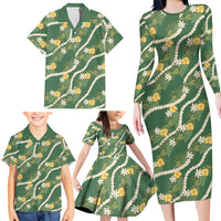Hawaiian Pikake Maile Lei Family Matching Long Sleeve Bodycon Dress and Hawaiian Shirt Tiare Hibiscus Kalo Palapalai Leaf Green