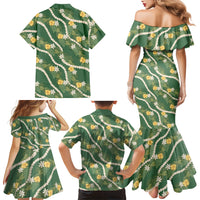 Hawaiian Pikake Maile Lei Family Matching Mermaid Dress and Hawaiian Shirt Tiare Hibiscus Kalo Palapalai Leaf Green
