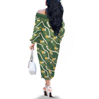 Hawaiian Pikake Maile Lei Family Matching Off The Shoulder Long Sleeve Dress and Hawaiian Shirt Tiare Hibiscus Kalo Palapalai Leaf Green
