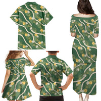 Hawaiian Pikake Maile Lei Family Matching Puletasi and Hawaiian Shirt Tiare Hibiscus Kalo Palapalai Leaf Green