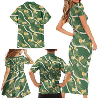 Hawaiian Pikake Maile Lei Family Matching Short Sleeve Bodycon Dress and Hawaiian Shirt Tiare Hibiscus Kalo Palapalai Leaf Green
