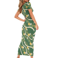 Hawaiian Pikake Maile Lei Family Matching Short Sleeve Bodycon Dress and Hawaiian Shirt Tiare Hibiscus Kalo Palapalai Leaf Green