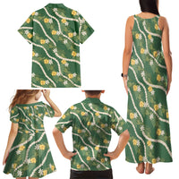 Hawaiian Pikake Maile Lei Family Matching Tank Maxi Dress and Hawaiian Shirt Tiare Hibiscus Kalo Palapalai Leaf Green