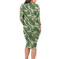 Hawaiian Pikake Maile Lei Long Sleeve Bodycon Dress Tiare Hibiscus Kalo Palapalai Leaf Green