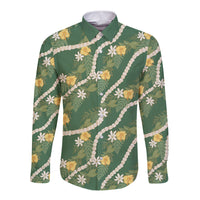 Hawaiian Pikake Maile Lei Long Sleeve Button Shirt Tiare Hibiscus Kalo Palapalai Leaf Green