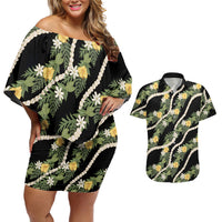Hawaiian Pikake Maile Lei Couples Matching Off Shoulder Short Dress and Hawaiian Shirt Tiare Hibiscus Kalo Palapalai Leaf Black