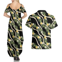 Hawaiian Pikake Maile Lei Couples Matching Summer Maxi Dress and Hawaiian Shirt Tiare Hibiscus Kalo Palapalai Leaf Black
