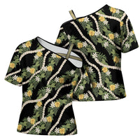 Hawaiian Pikake Maile Lei Cross Shoulder Shirt Tiare Hibiscus Kalo Palapalai Leaf Black