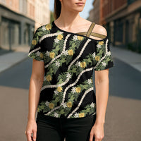 Hawaiian Pikake Maile Lei Cross Shoulder Shirt Tiare Hibiscus Kalo Palapalai Leaf Black