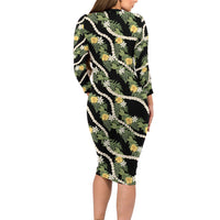 Hawaiian Pikake Maile Lei Family Matching Long Sleeve Bodycon Dress and Hawaiian Shirt Tiare Hibiscus Kalo Palapalai Leaf Black