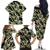 Hawaiian Pikake Maile Lei Family Matching Off The Shoulder Long Sleeve Dress and Hawaiian Shirt Tiare Hibiscus Kalo Palapalai Leaf Black