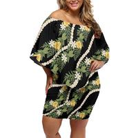 Hawaiian Pikake Maile Lei Family Matching Off Shoulder Short Dress and Hawaiian Shirt Tiare Hibiscus Kalo Palapalai Leaf Black