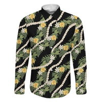 Hawaiian Pikake Maile Lei Family Matching Puletasi and Hawaiian Shirt Tiare Hibiscus Kalo Palapalai Leaf Black