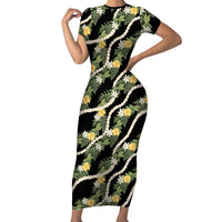 Hawaiian Pikake Maile Lei Family Matching Short Sleeve Bodycon Dress and Hawaiian Shirt Tiare Hibiscus Kalo Palapalai Leaf Black