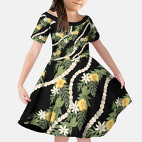 Hawaiian Pikake Maile Lei Family Matching Summer Maxi Dress and Hawaiian Shirt Tiare Hibiscus Kalo Palapalai Leaf Black
