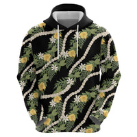 Hawaiian Pikake Maile Lei Hoodie Tiare Hibiscus Kalo Palapalai Leaf Black