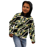 Hawaiian Pikake Maile Lei Kid Hoodie Tiare Hibiscus Kalo Palapalai Leaf Black
