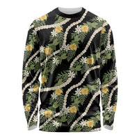 Hawaiian Pikake Maile Lei Long Sleeve Shirt Tiare Hibiscus Kalo Palapalai Leaf Black
